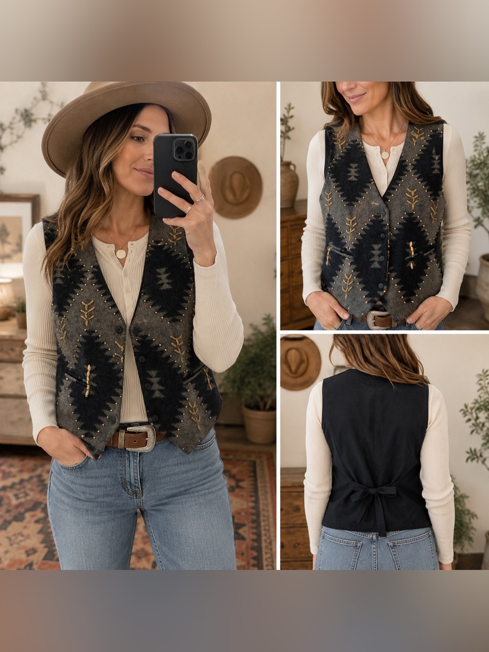 Vintage In Charge Wool Blend Southwest Vest Embroidered Beaded Size L